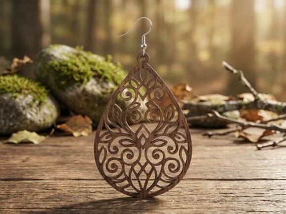 Ornamental Teardrop Wooden Earring SVG